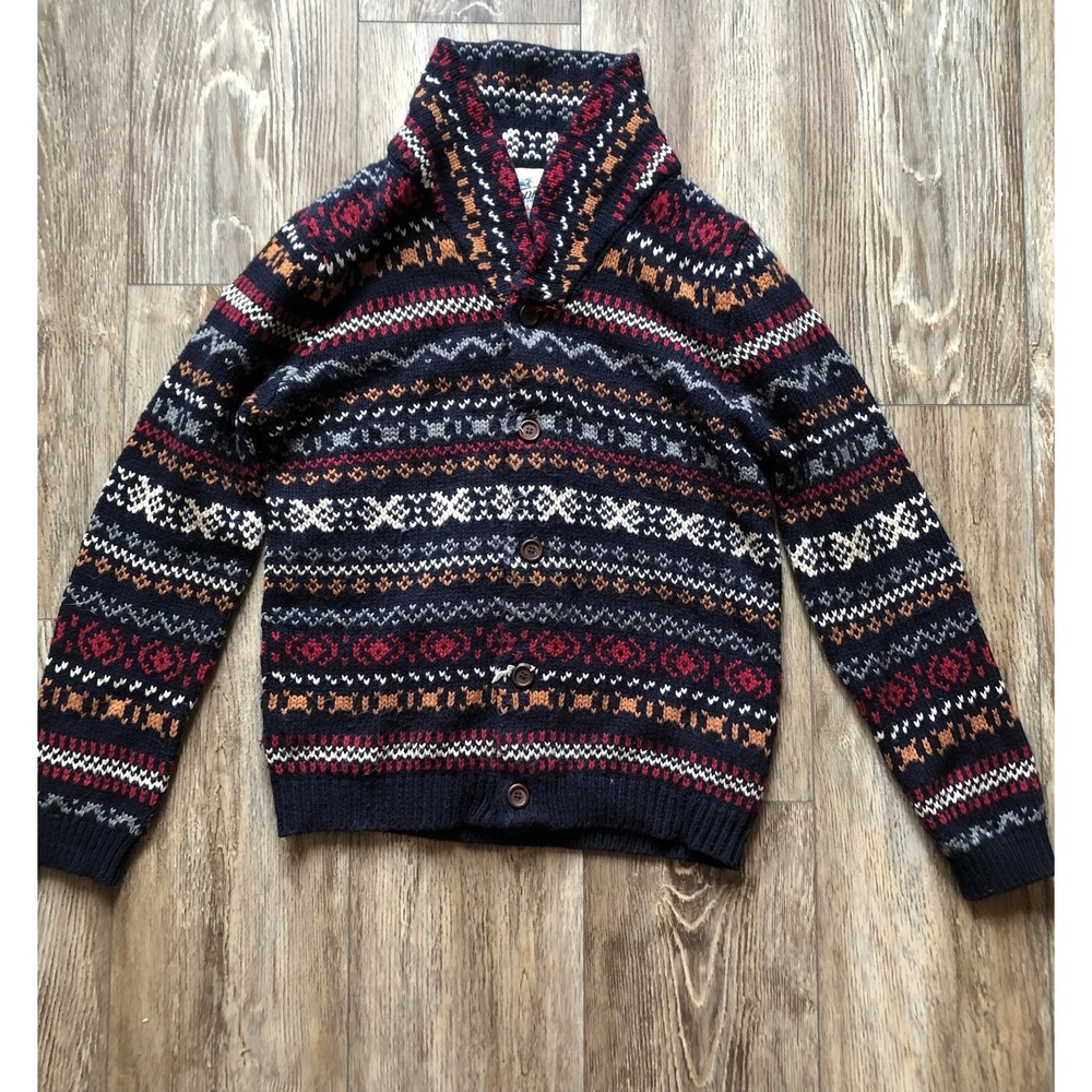 Vintage Topman Knitwear Shawl Collar Cardigan Sweater Mens Large Fair Isle Navy